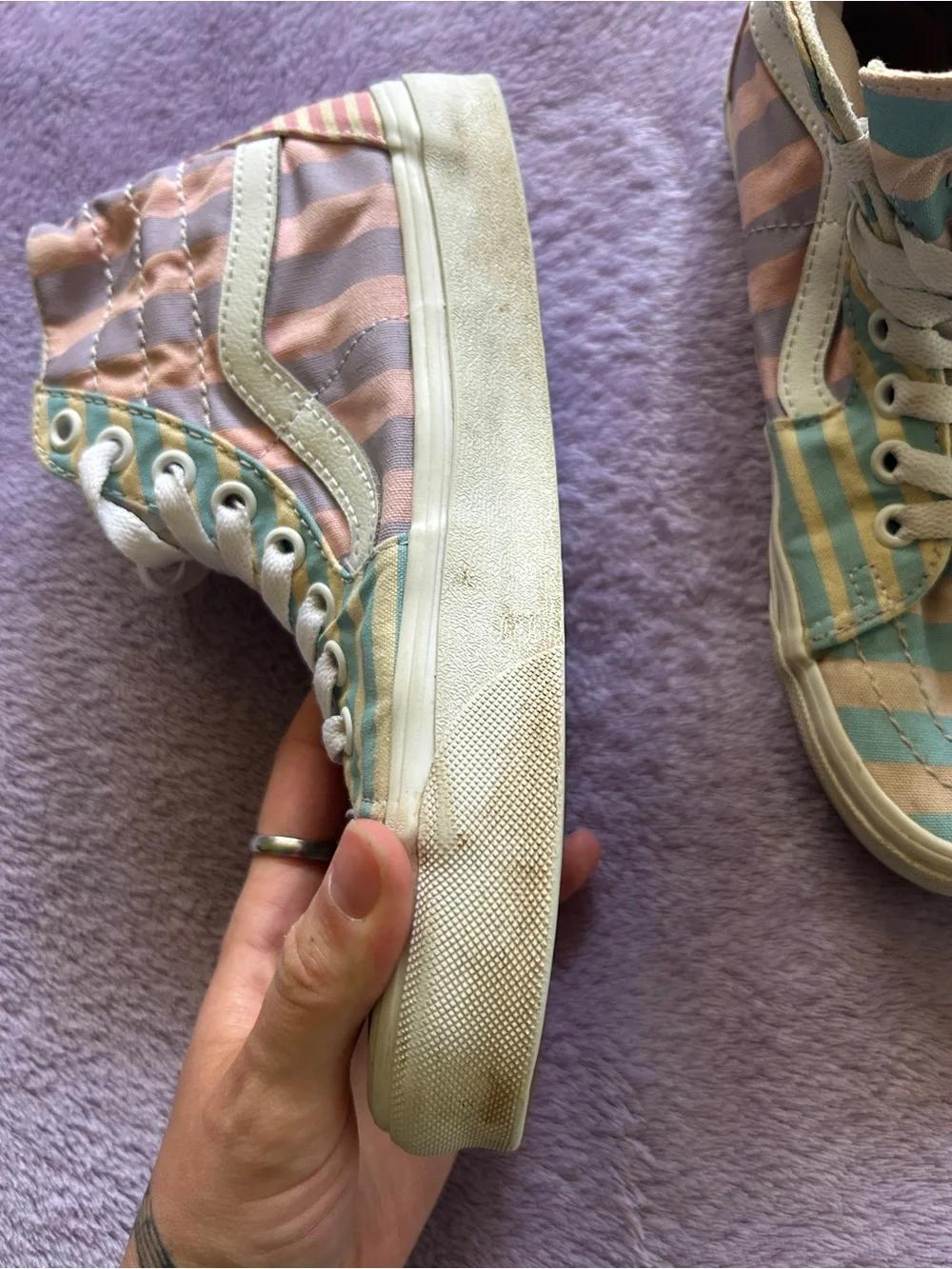 Vans High-Top Sneakers in Yellow and Mint Green Striped Canvas